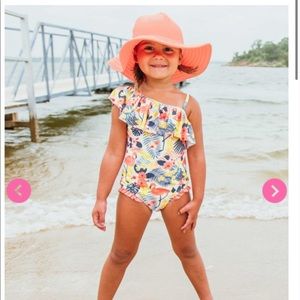 Tropical flamingo rufflebutts bathing suit and hat